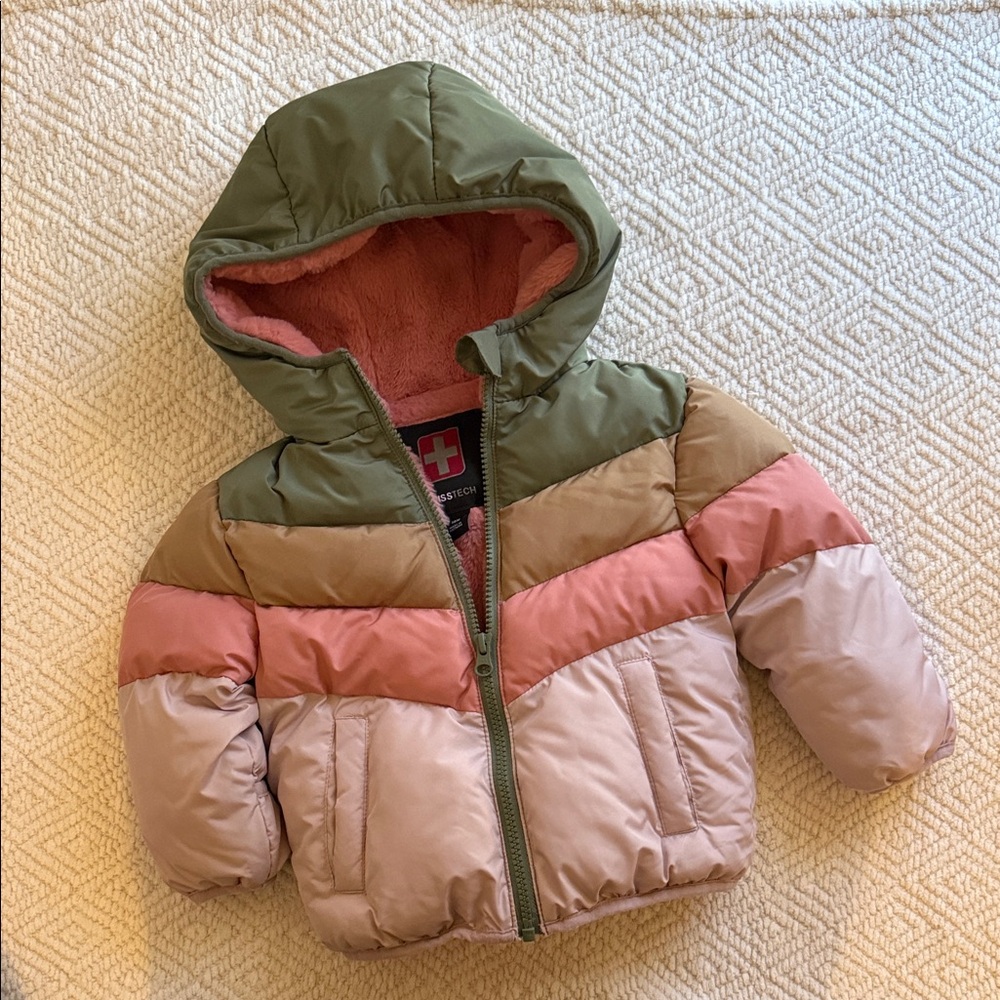 Swiss Tech Pink and Green Puffer Coat